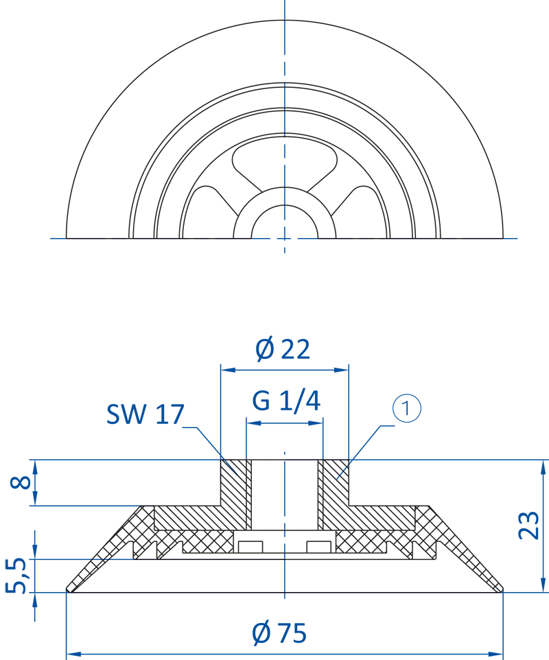 Размеры плоской вакуумной присоски FIPA серии SFU-S  150.075.033